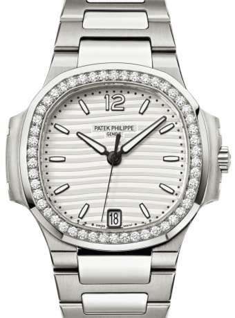 Patek Philippe 7018 1A 001 Nautilus Ladies 33.6mm Silver Index Diamond Bezel Stainless Steel Diamond