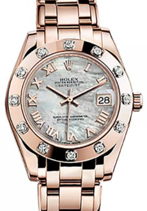 Rolex Pearlmaster 34 81315 White Mother of Pearl Roman Rose Gold Bezel Set with Diamonds Rose Gold BRAND NEW