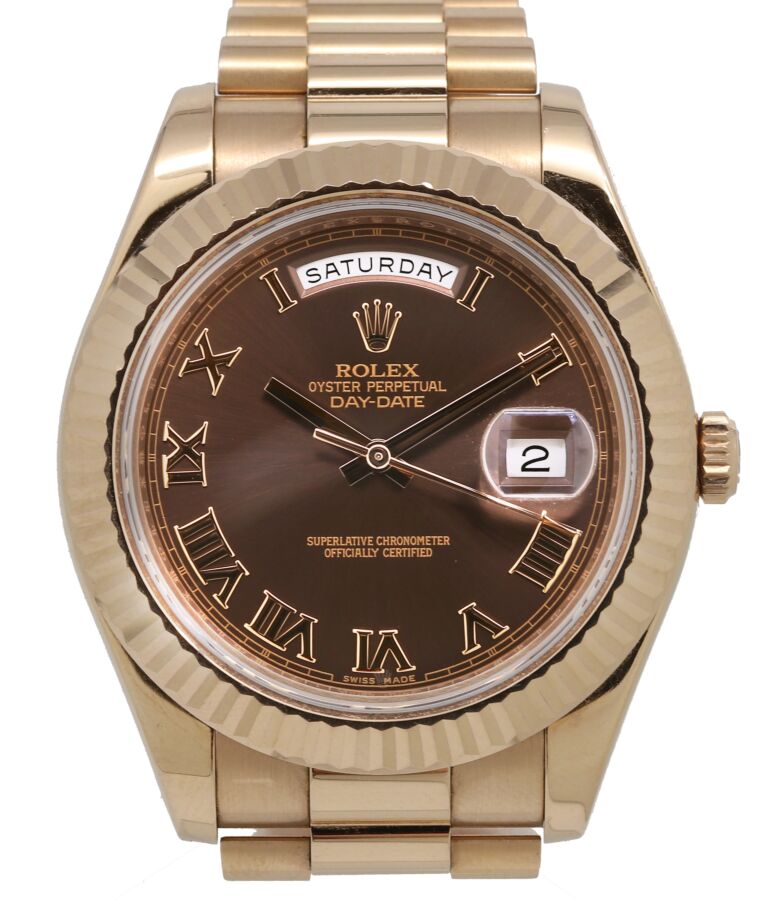 Rolex Day-Date II Rose Gold 41mm Chocolate Brown Roman Fluted Bezel President Bracelet 218235