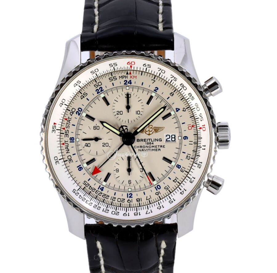 Breitling Navitimer World A24322 White Index Dial Black Leather Strap 46mm - PRE-OWNED
