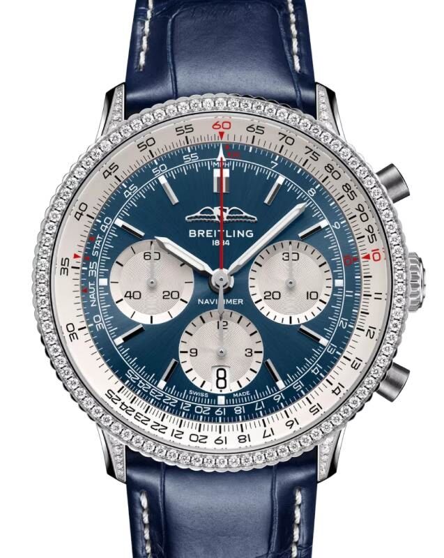 Breitling Navitimer B01 Chronograph 41 Stainless Steel Blue Dial Gem-Set Bezel Leather Strap AB0139631C1P1
