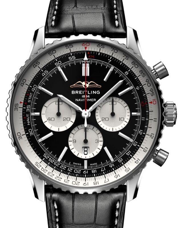 Breitling Navitimer B01 Chronograph 46 Steel Black Dial Leather Strap AB0137211B1P1
