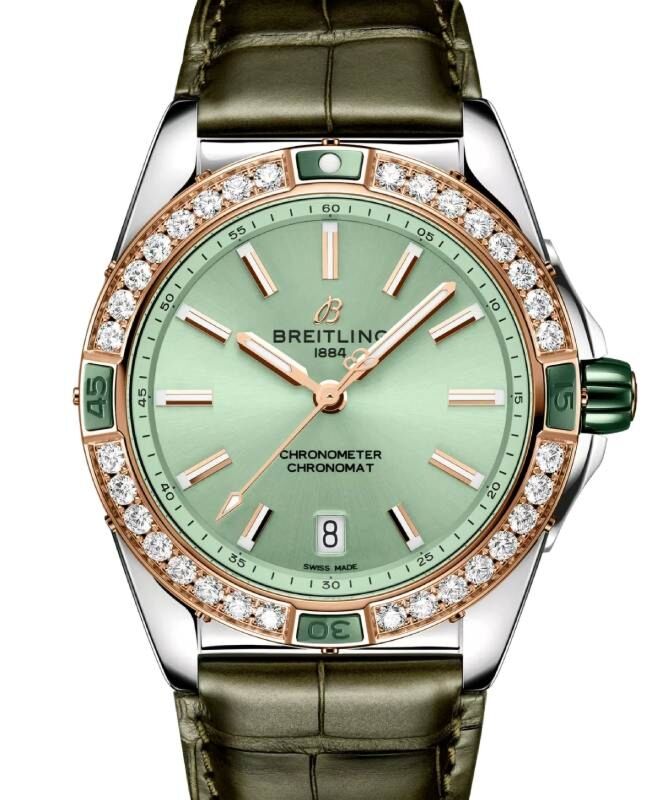 Breitling Super Chronomat Automatic 38 Steel/Red Gold Diamond Bezel Green Dial Leather Strap U17356531L1P1