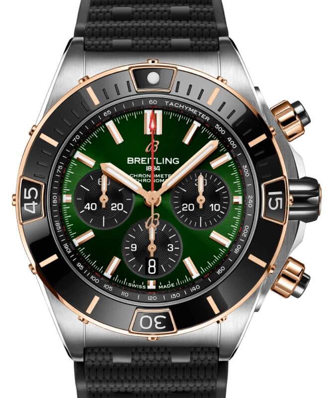 Breitling Super Chronomat B01 44 Stainless Steel/Red Gold Green Dial Rubber Strap UB0136251L1S1