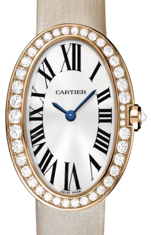 Cartier Baignoire Ladies Watch Small Quartz Rose Gold Diamond Bezel Silver Dial Satin Strap WB520004 - BRAND NEW