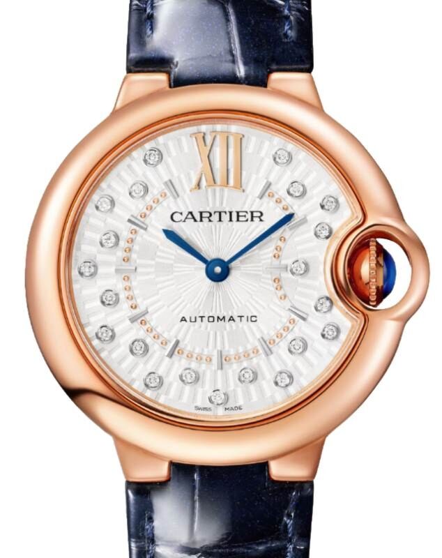 Cartier Ballon Bleu de Cartier Rose Gold 33mm Silver Diamond Dial WGBB0052