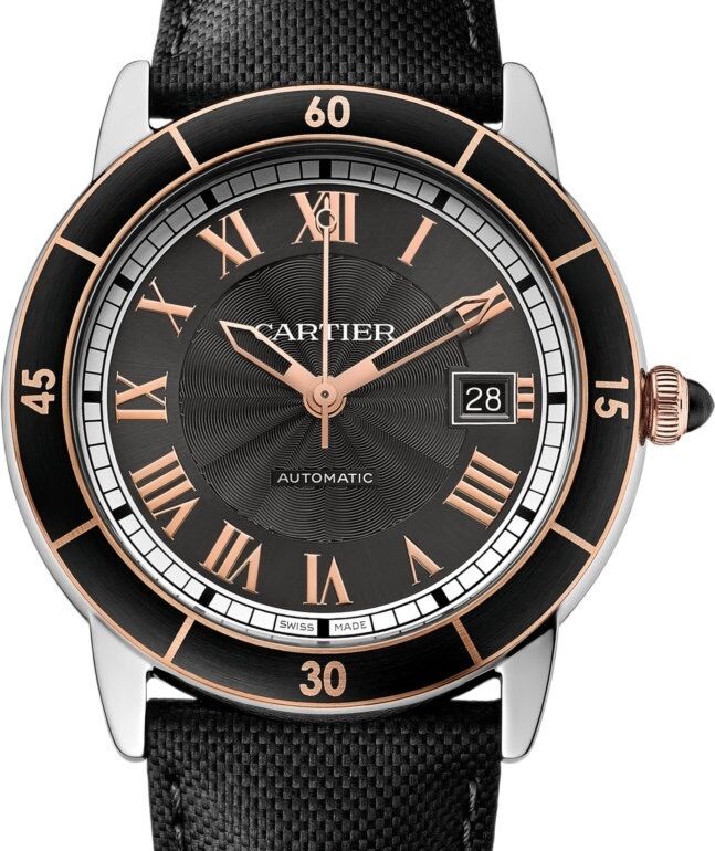 Cartier Ronde Croisi?re De Cartier Watch W2RN0005 Grey Roman Rose Gold & Black Synthetic Bezel Stainless Steel Leather - BRAND NEW