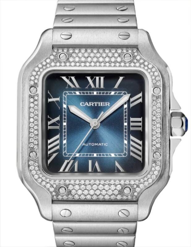 Santos de Cartier Medium Steel/Diamond Bezel Blue Dial W4SA0006