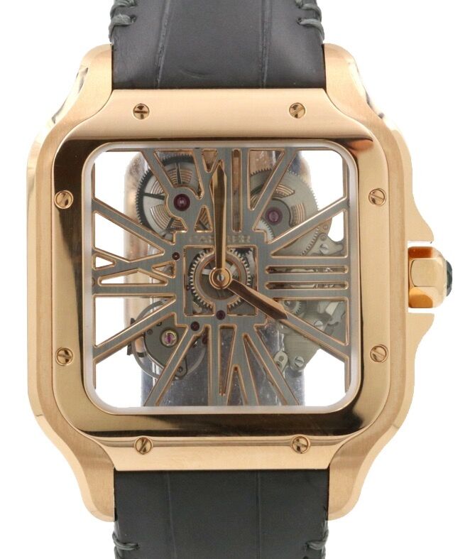 Cartier Santos De Cartier Rose Gold Skeleton Dial & Fixed Bezel Leather Bracelet WHSA0010 - PRE-OWNED