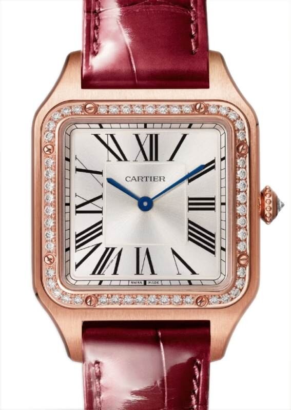 Santos-Dumont Large Quartz Rose Gold Diamond Bezel Silver Dial WJSA0016