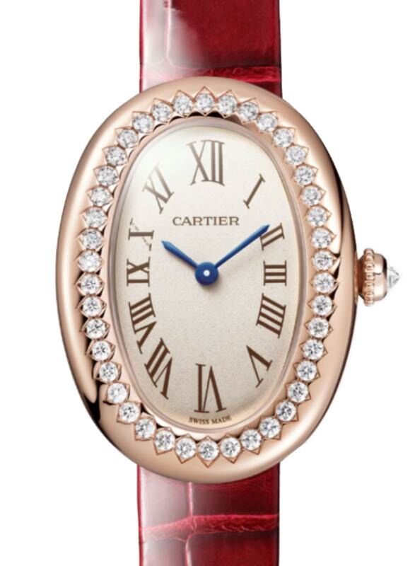 Cartier Baignoire Small Quartz Rose Gold/Diamonds Silver Dial Leather Strap WJBA0053