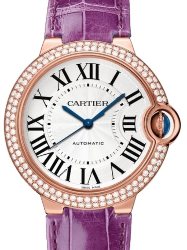 Cartier Ballon Bleu de Cartier 33mm Rose Gold Diamonds Silver Dial Leather Strap WE902066