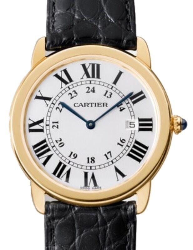 Cartier Ronde Solo de Cartier Ladies Watch Quartz Yellow Gold 29mm Silver Dial Alligator Leather Strap W6700355 BRAND NEW