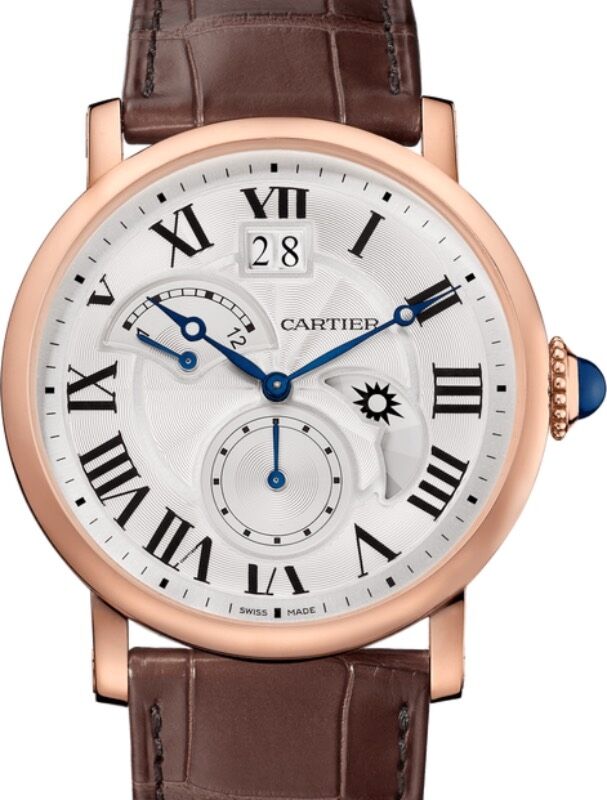 Cartier Rotonde de Cartier Large Date Second Time Zone and Day Night Indicator Men's Watch Automatic Rose Gold 42mm Silver Dial Alligator Leather Strap W1556240 - BRAND NEW