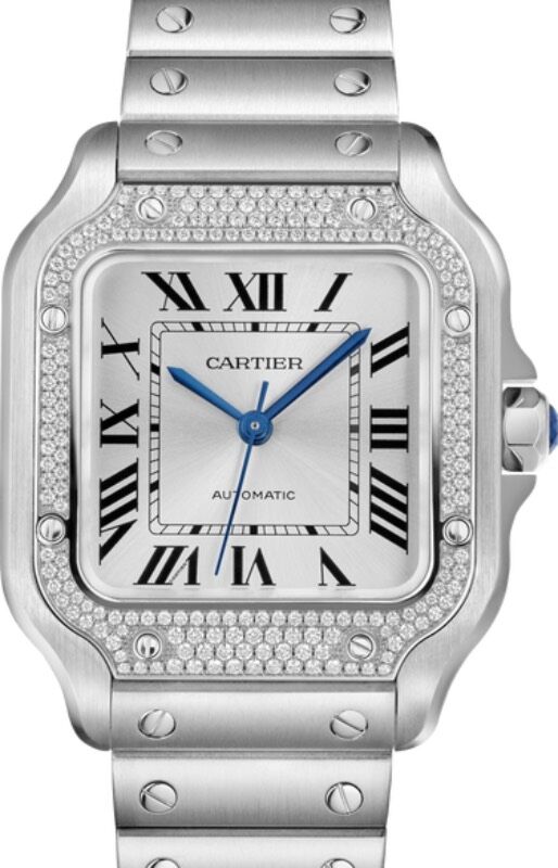 【送料無料】 Steel Medium Cartier De Santos Diamond Dial Silver Bezel アンティーク雑貨
