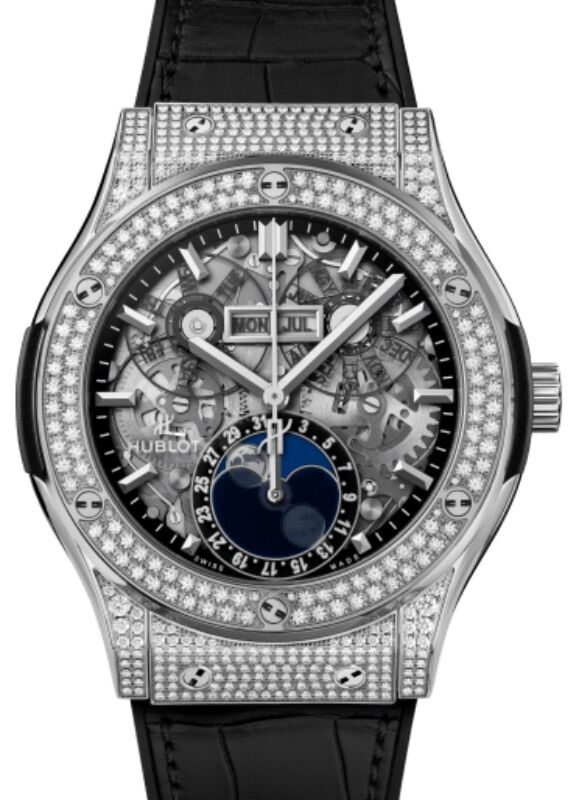 Hublot Classic Fusion Aerofusion Moonphase Titanium Pave 45mm Skeleton Sapphire Dial Rubber and Alligator Leather Straps 517.NX.0170.LR.1704 - BRAND NEW