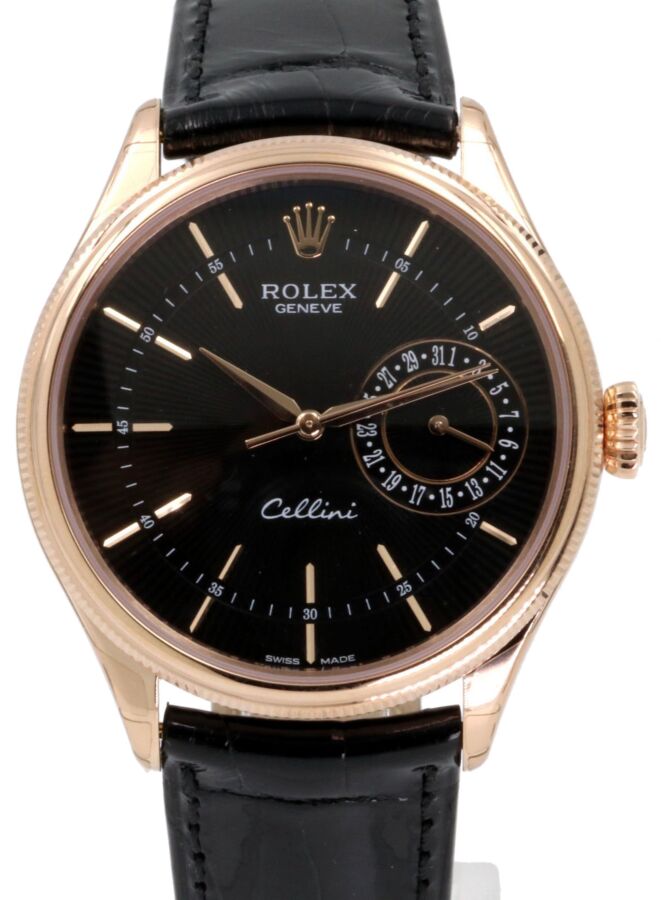 Rolex Cellini Date 50515-BLK Black Guilloche Index Rose Gold Black Leather BRAND NEW