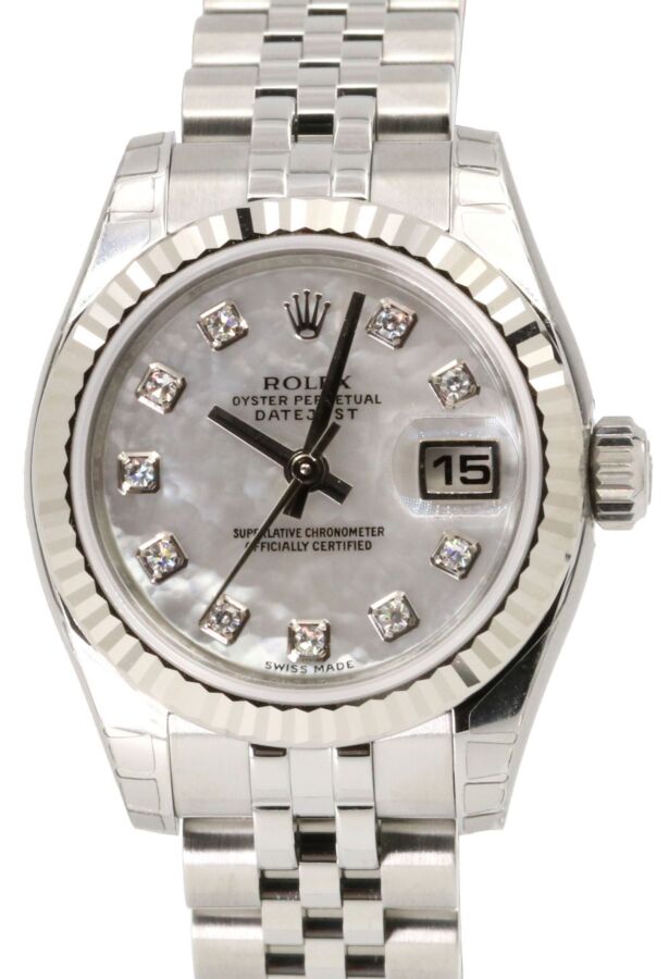 Rolex Datejust 179174 Ladies 26mm White Mother of Pearl Diamond Small Stainless Steel Jubilee
