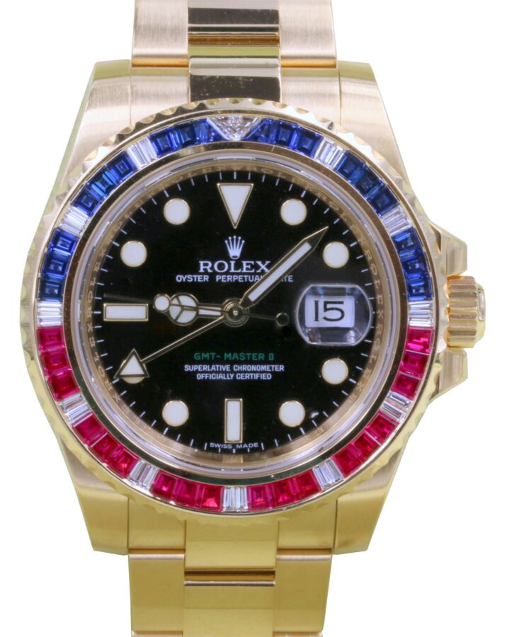 Rolex GMT Master II 116748SARU Ruby Sapphire Diamond 18k Yellow Gold 