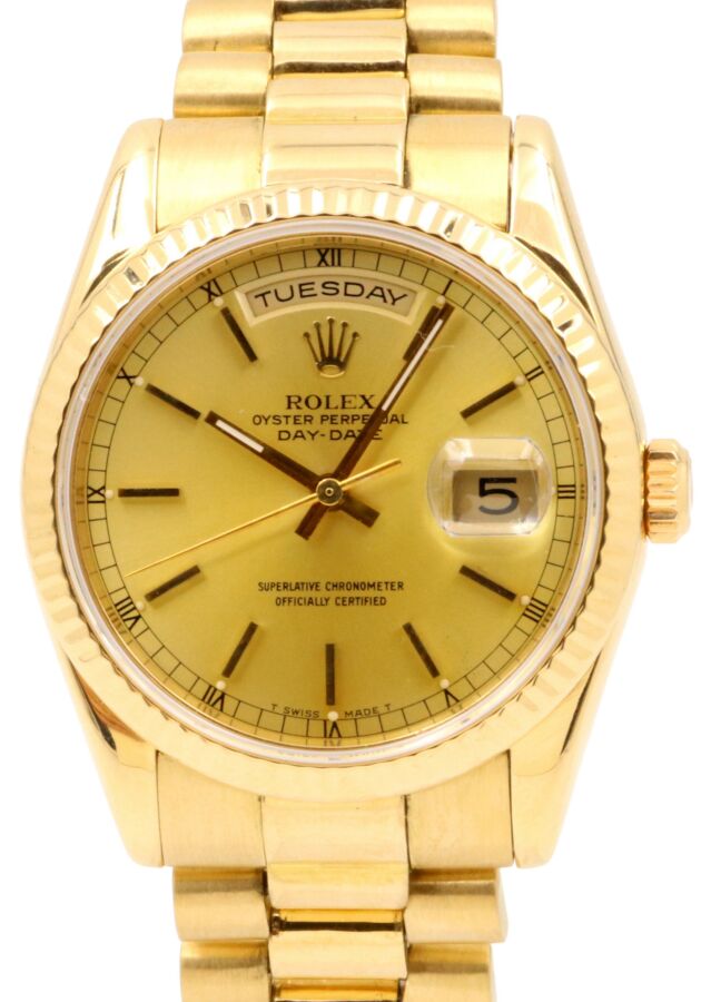 希少 黒入荷！ 118238-GLDSFP 36 Day-Date Rolex Champagne Fluted Index 時計