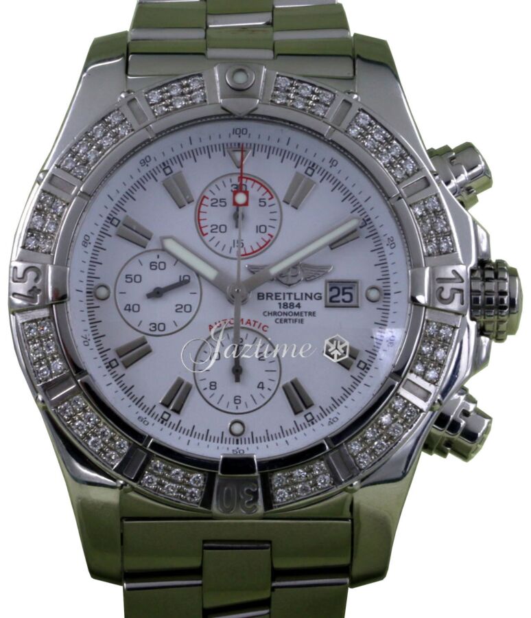 Breitling Super Avenger A13370 Men's 48mm Diamond Bezel White Baton Stainless Steel Chronograph