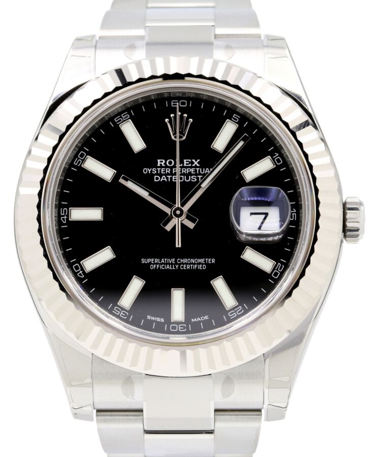 Rolex Datejust II 41mm Stainless Steel Black Index White Gold Bezel Oyster Bracelet 116334