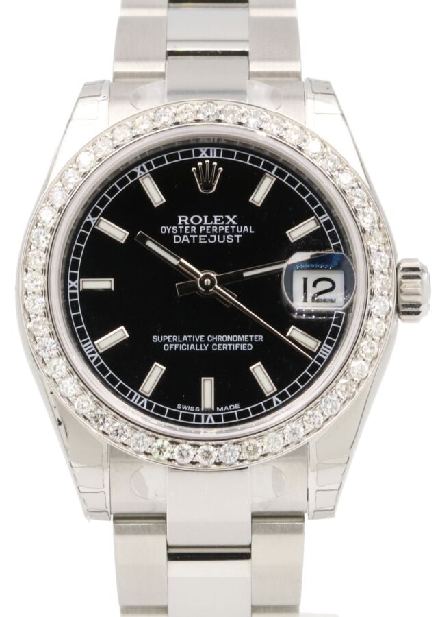 Rolex Datejust 31 Lady Steel Black Index Dial & Diamond (Custom) Bezel Oyster Bracelet 278240 (278384RBR)