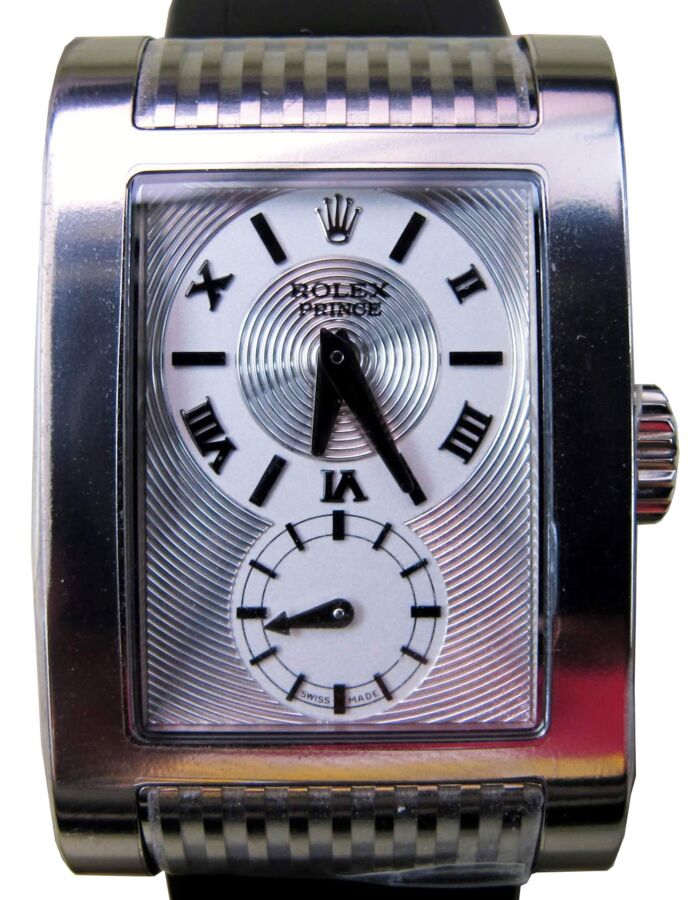 Rolex Cellini Prince White Gold Silver Dial Dual Time GMT 18k Leather Strap 5441 9 BRAND NEW