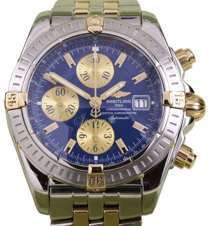 Breitling Chronomat Evolution B13356 Blue Two-Tone Yellow Gold Stainless Steel Thru Bracelet
