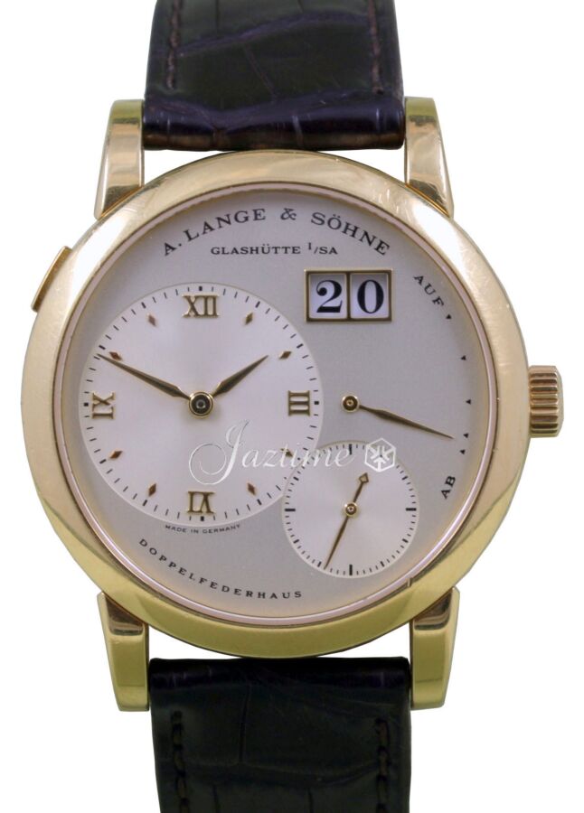 A Lange Sohne Lange 1 One 101.021 Men's 38.5mm 18k Yellow Gold Silver Brown Leather Manual-Wind