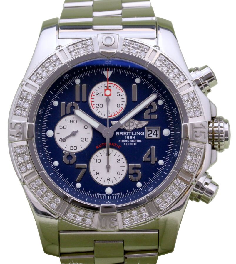 Breitling Super Avenger A13370 Men's 48mm Diamond Bezel Blue Arabic Stainless Steel Chronograph