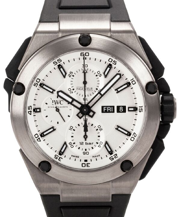 IWC Schaffhausen IW386501 Ingenieur Double Chronograph Titanium Silver Index Titanium Black Rubber 45mm Automatic 
