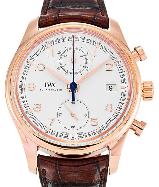 IWC Schaffhausen IW390402 Portugieser Chronograph Classic Silver Plated Arabic Red Gold Brown Leather 42mm Automatic