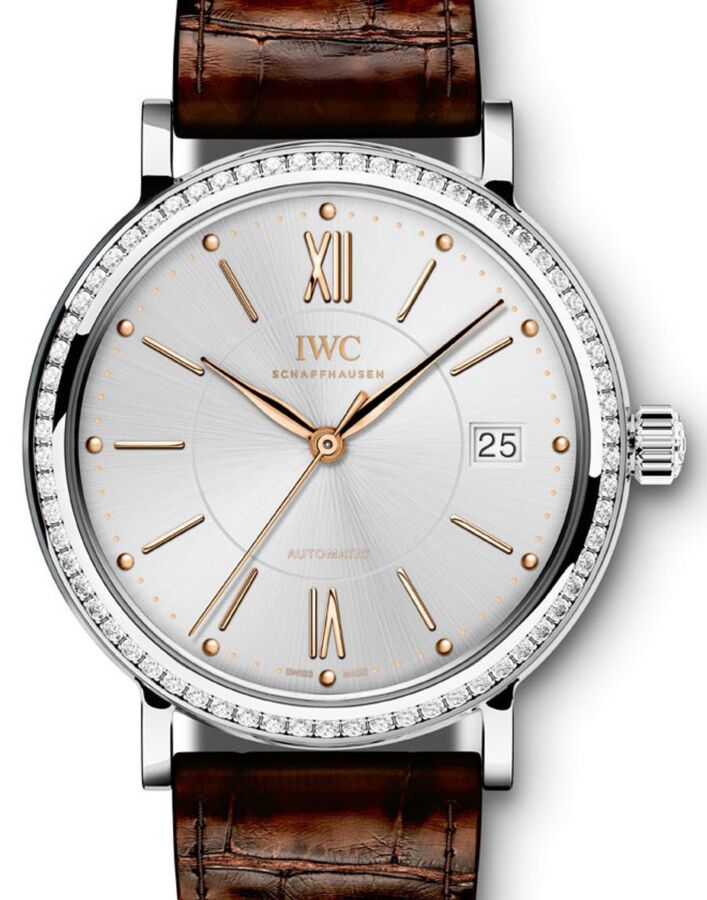 IWC Schaffhausen IW458103 Portofino Automatic 37 Silver Plated Diamond Stainless Steel Set with Diamonds Brown Leather 37mm Automatic