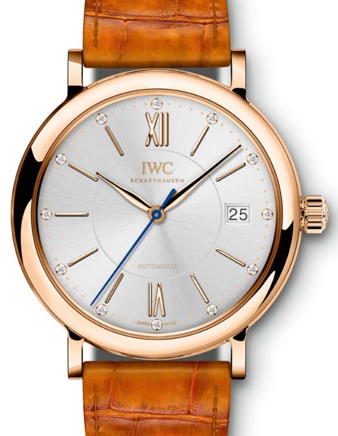 IWC Schaffhausen IW458105 Portofino Automatic 37 Silver Plated Diamond Red Gold Orange Leather 37mm Automatic