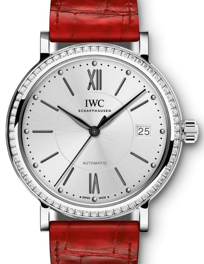 IWC Schaffhausen IW458109 Portofino Automatic 37 Silver Plated Diamond Stainless Steel Set with Diamonds Red Leather 37mm Automatic