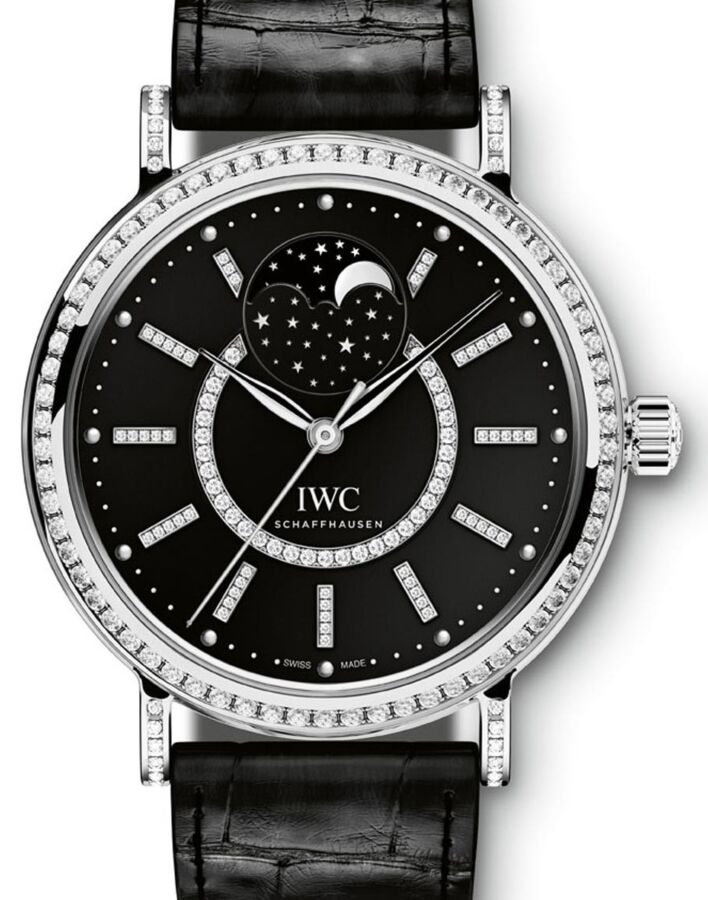 IWC Schaffhausen IW459004 Portofino Automatic Moon Phase 37 Black Diamond White Gold Set with Diamonds Black Leather 37mm Automatic