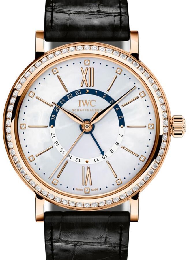 IWC Schaffhausen IW459102 Portofino Automatic Day &amp;amp;amp; Night 37 White Mother of Pearl Diamond Red Gold Set with Diamonds Black Leather 37mm Automatic