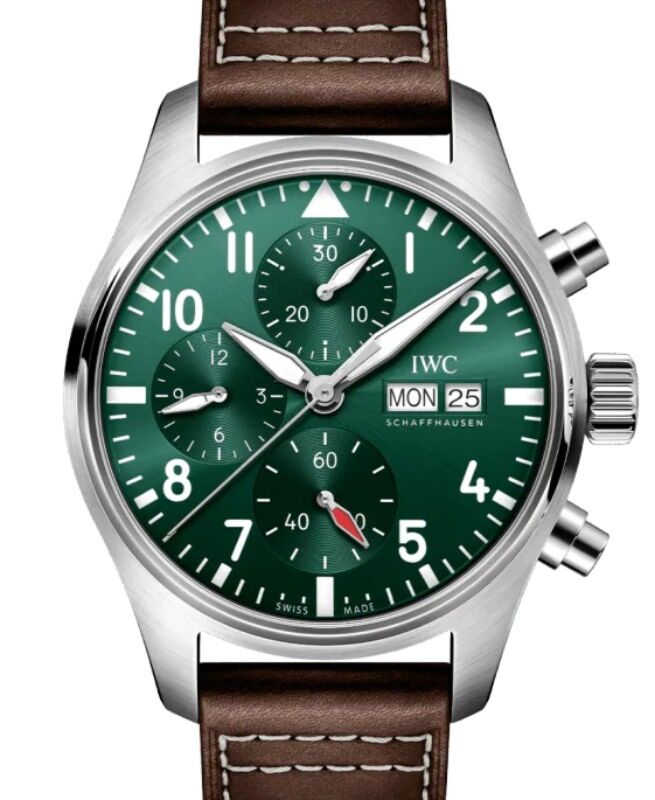 IWC Pilot's Watch Chronograph 41 Stainless Steel Green Dial Leather Strap IW388103