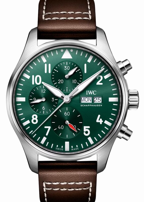IWC Pilot's Watch Chronograph Steel 43mm Green Dial Leather Strap IW378005