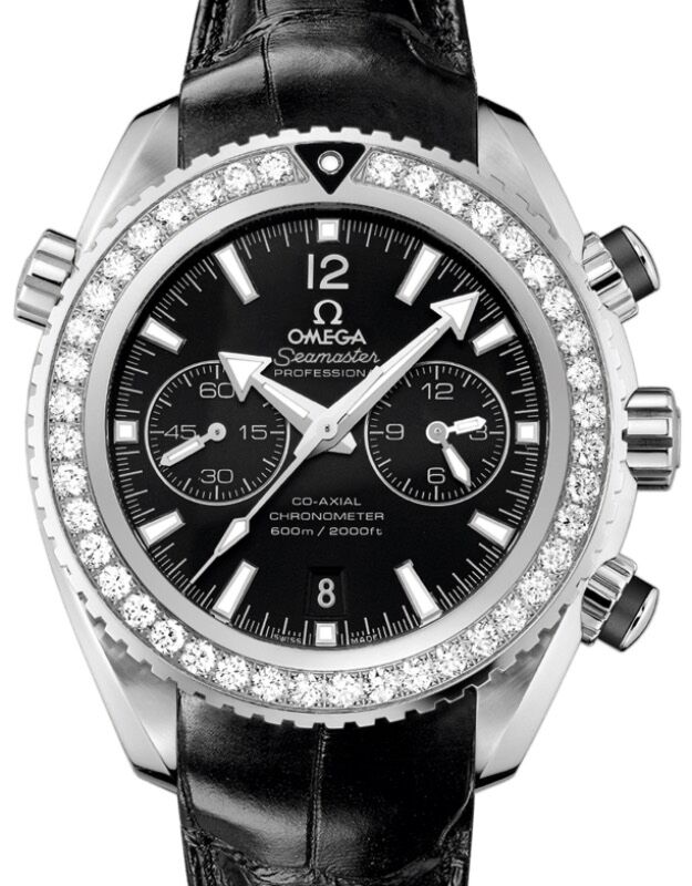 Omega Seamaster Planet Ocean 600M Chronograph 45.5mm Steel Diamond Black Dial Leather Strap 232.18.46.51.01.001