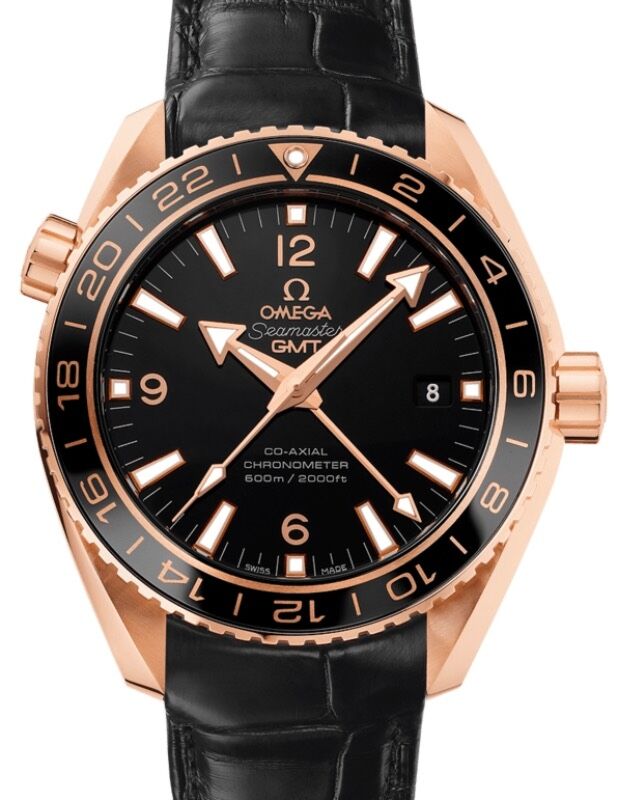 Omega Seamaster Planet Ocean 600M GMT 43.5mm Red Gold Black Dial Leather Strap 232.63.44.22.01.001
