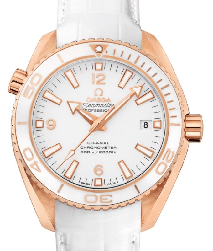 Omega Seamaster Planet Ocean 600M 42mm Red Gold White Dial Leather Strap 232.63.42.21.04.001