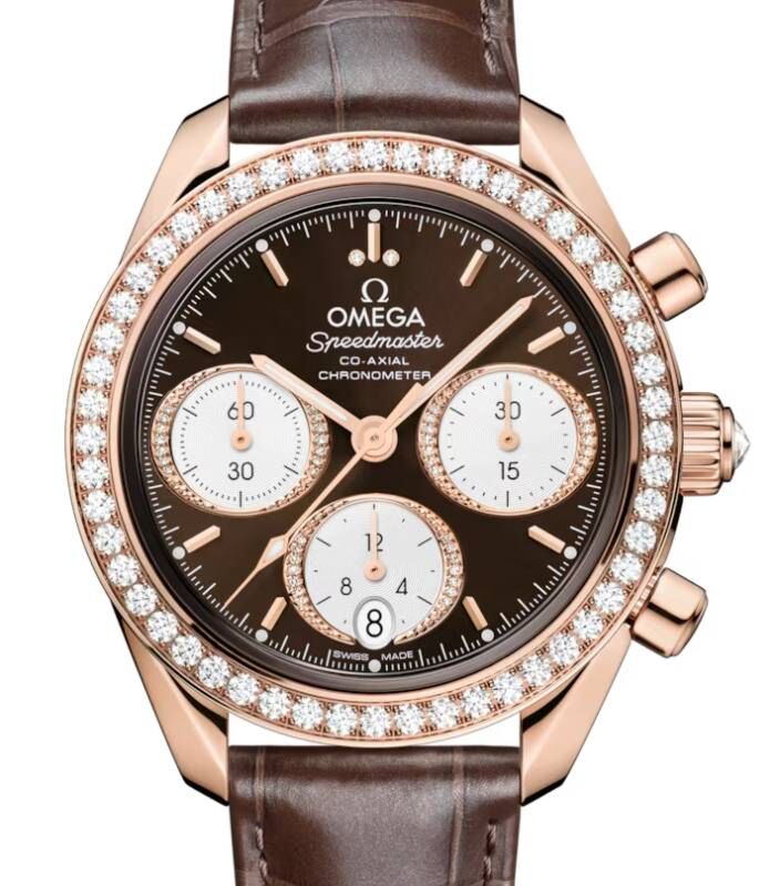 Omega Speedmaster Sedna Gold Brown Dial Diamond Bezel Leather Strap 324.58.38.50.63.001
