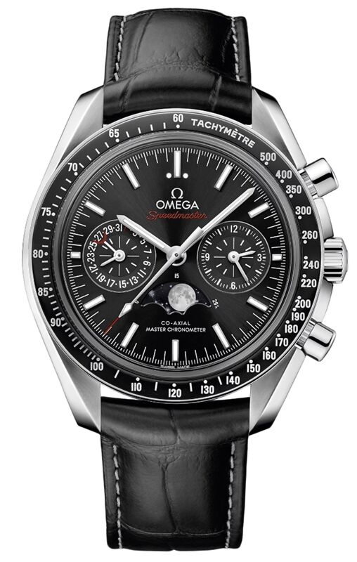 Omega Speedmaster Two Counters Moonphase 44.25 Steel Black Dial Leather Strap 304.33.44.52.01.001