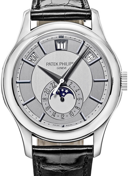 Patek Philippe Complications Annual Calendar Moon Phases Rhodium Dial 5205G-001