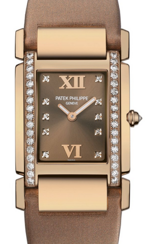 Patek Philippe Twenty~4 Ladies Brown Roman Dial Rose Gold Diamond Set Bezel Brown Leather Strap Quartz 4920R-001