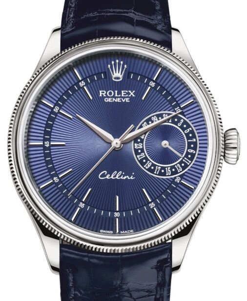 Rolex Cellini Date White Gold Blue Guilloche Index Dial Domed & Fluted Double Bezel Blue Leather Bracelet 50519 - BRAND NEW