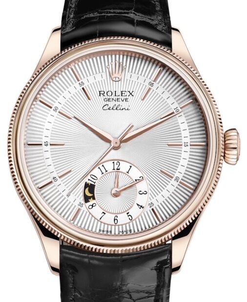 Rolex Cellini Dual Time Rose Gold Silver Guilloche Index Dial Domed & Fluted Double Bezel Black Leather Bracelet 50525 - BRAND NEW