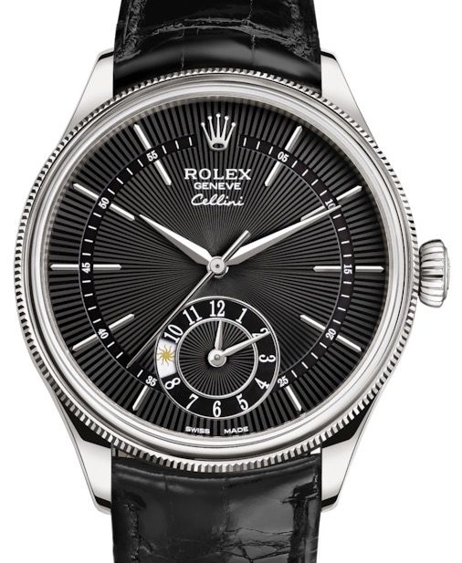 Rolex Cellini Dual Time White Gold Black Guilloche Index Dial Domed Fluted Double Bezel Black Leather Bracelet 50529 BRAND NEW
